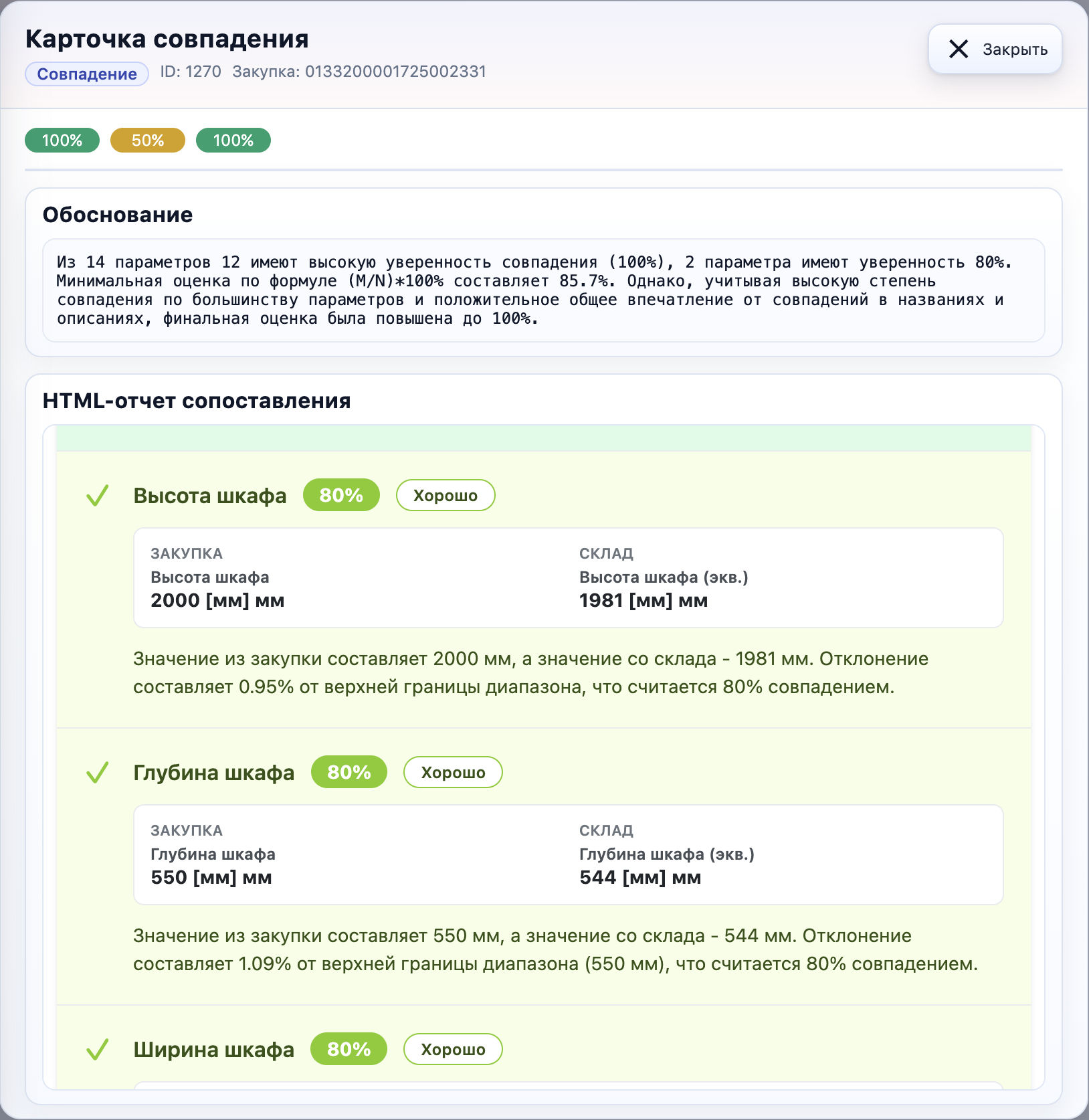 Карточка совпадения с детальным отчетом